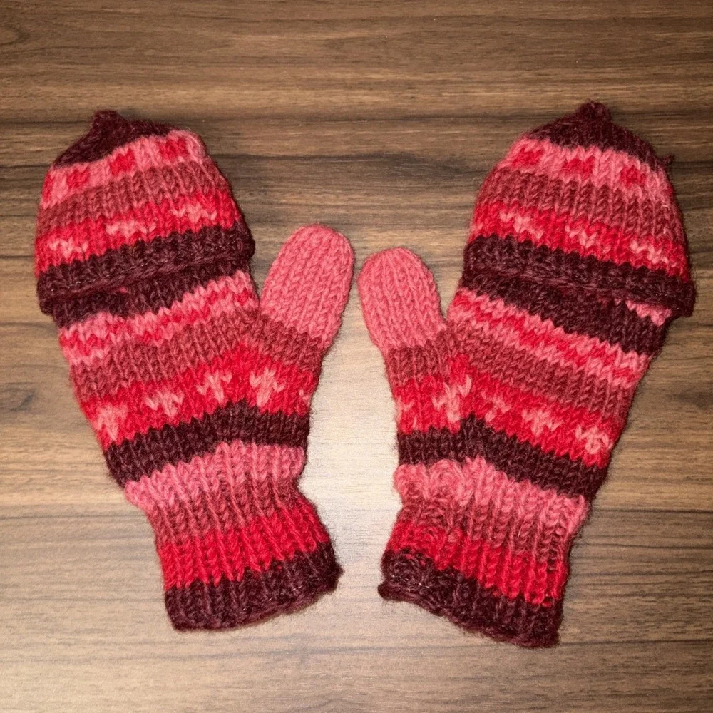 Made In Nepal Wool Fleece Lined Fingerless Gloves Convertible Mittens Red Pink